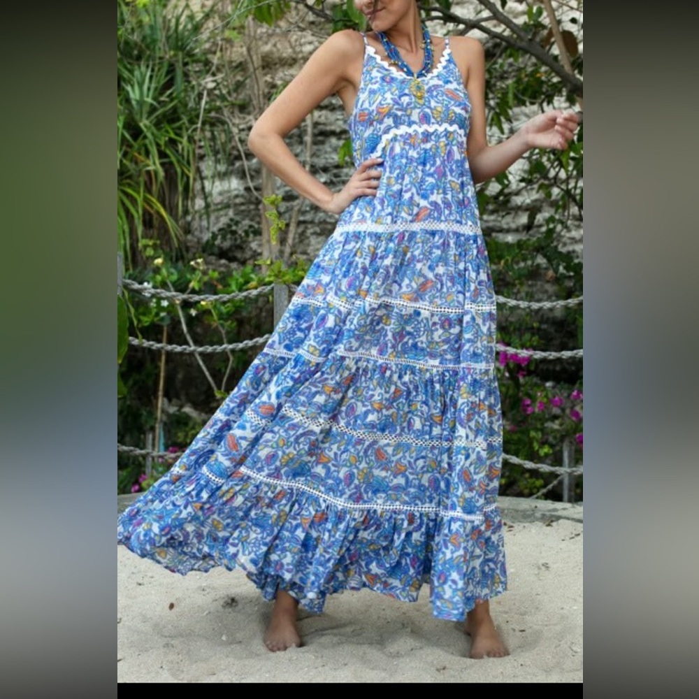 Blue and White Tiered Maxi Dress for Resort Wear